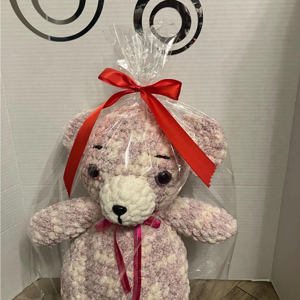 Charming Pink and White Plush Bear with Red Ribbon